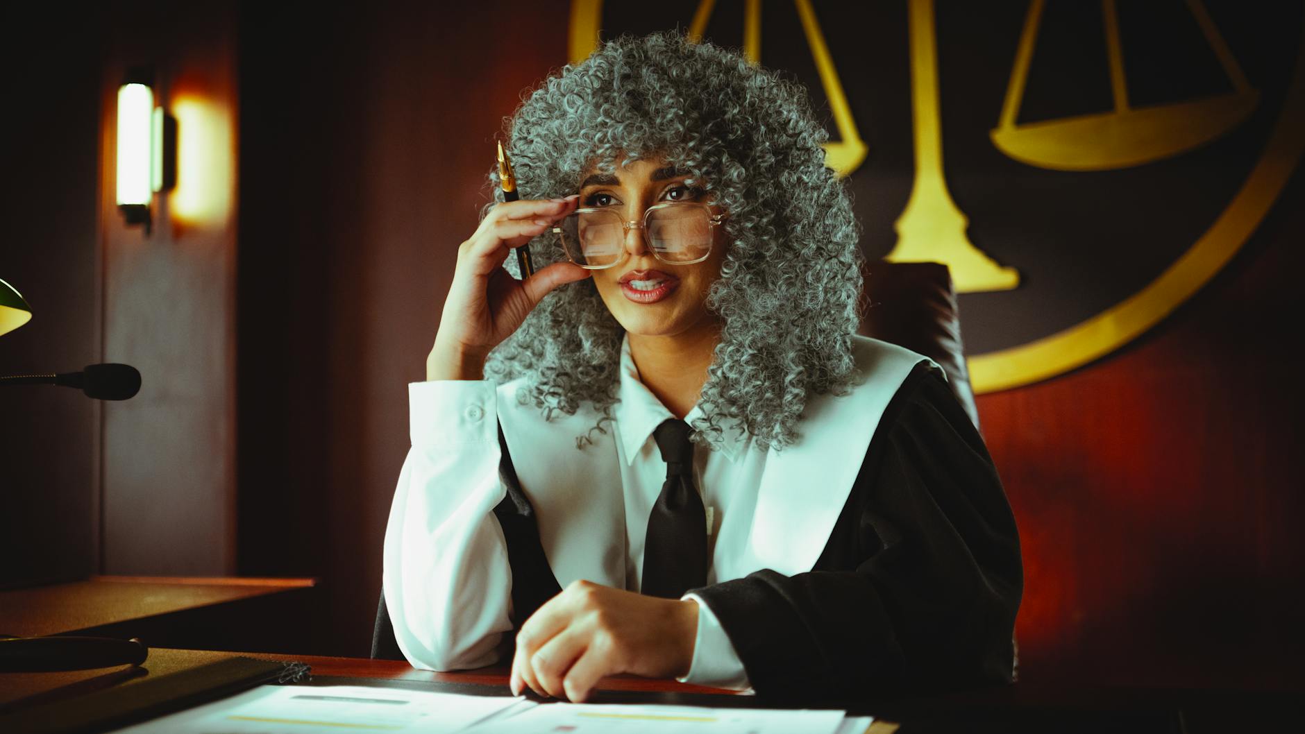 Sędzia w todze siedzi za biurkiem w sali sądowej